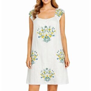 KIRIOUS Los Angeles Embroidered Boho Shift Dress Ivory Linen Blend XL Lagenlook